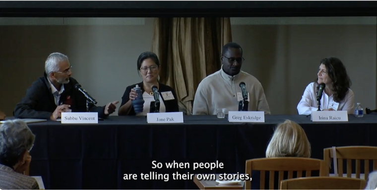 Panel on Human Dignity Framing at Digital Dignity Day held at SCU on May 2, 2025. Subbu Vincent (far left), director of Journalism and Media Ethics was the moderator. Panelists (left to rightJane Pak, Co-ED of Refugee & Immigrant Transitions, Greg Eskridge, Leadership Fellow from Uncuffed podcast, and Irina Raicu, director of Internet Ethics at Markkula Center for Applied Ethics.