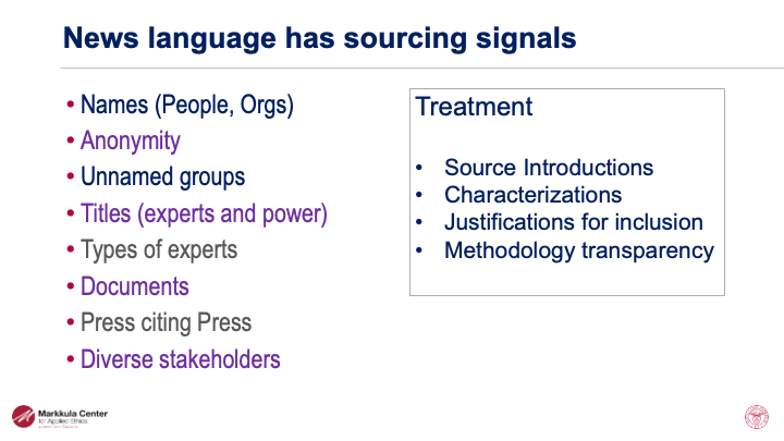 News language has signals of sourcing. Slide: Subbu Vincent, 2025 AI talks at Stanford, Baltimore and 2024 at Syracuse.