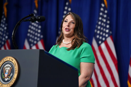 Ronna Romney McDaniel, the chair of the Republican National Committee, speaks during the first day of the Republican National Committee convention Monday, Aug. 24, 2020, in Charlotte. (AP Photo/Evan Vucci)
