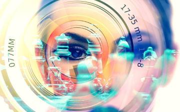 Technology, chess board, camera lens, woman abstract 