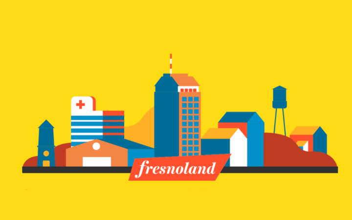 A cityscape graphic that is labeled as Fresnoland.