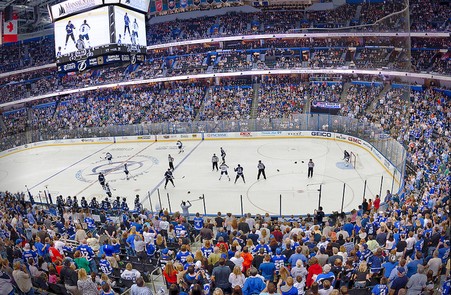 Ice hockey game in a large stadium with a cheering crowd.