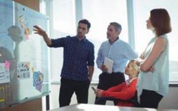 Four people in an office setting gathered around a white board covered with sticky notes. 