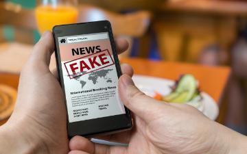 Person holding a phone showing Fake News with thumbs up and down icons.
