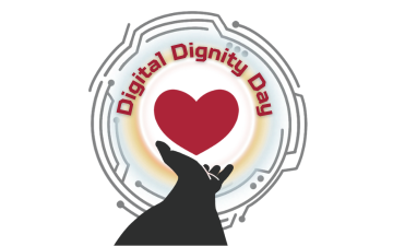 An arm outstretched holding a heart with words Digital Dignity Day across the top. Design by Tiffany Yu/Markkula Center for Applied Ethics.