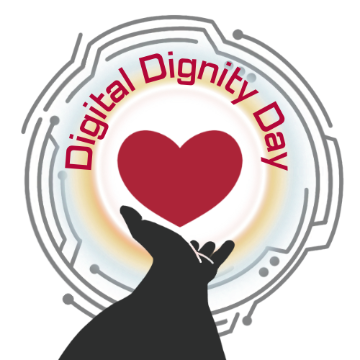 An outreached hand reaching for a heart, surrounded by circuitry. The words Digital Dignity Day appear arched above the heart.