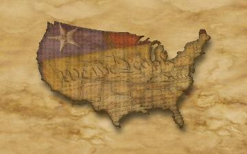 Map of the United States. The northwestern corner displays an American flag. The lower half of the map displays the U.S. Constitution showing the words, 