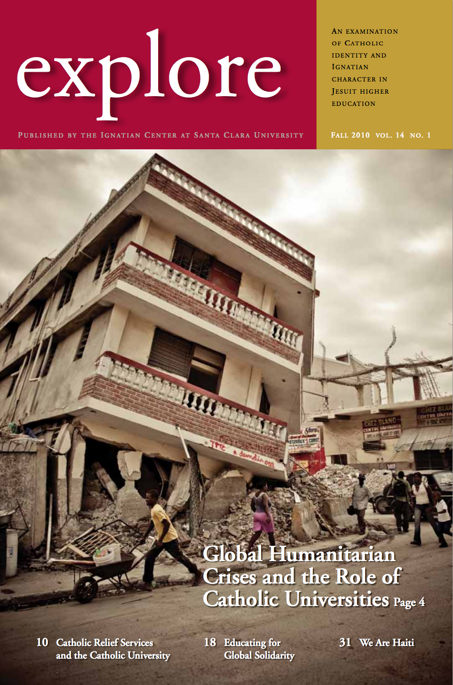 Cover of Explore magazine Fall 2010, featuring earthquake-damaged buildings in Port-au-Prince, Haiti.