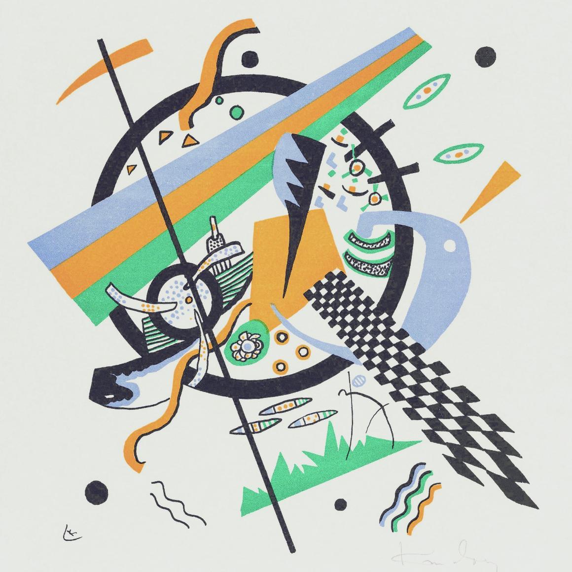 Abstract artwork titled 'Small Worlds IV Square' with geometric shapes and lines in various colors.