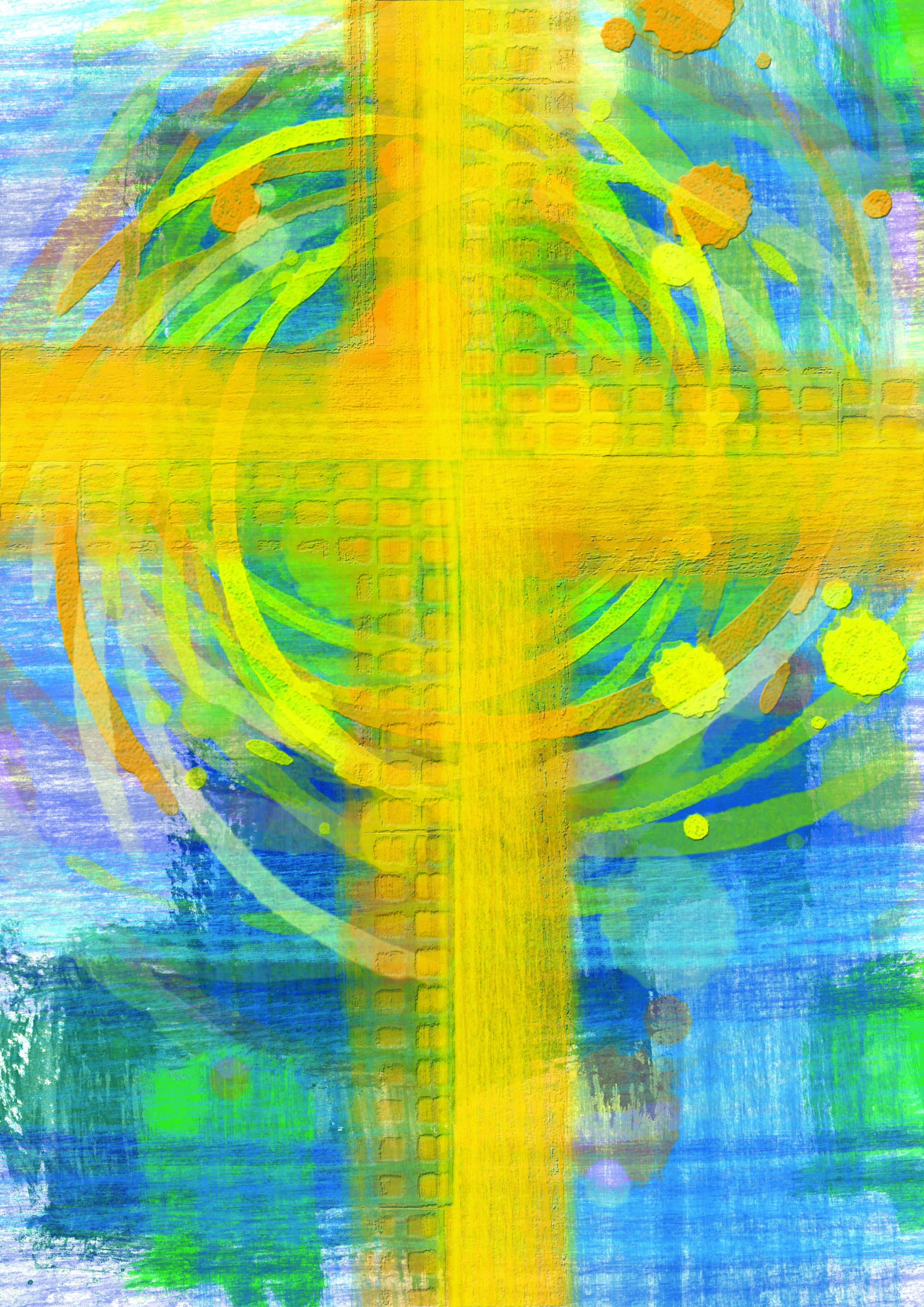 Abstract image with a large yellow cross on a colorful background.