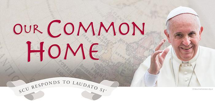 Banner with 'Our Common Home' text and a religious figure.