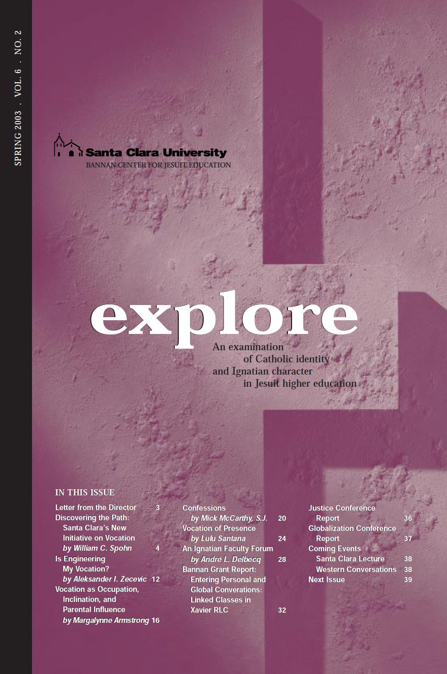 Cover of Explore magazine, Spring 2003 issue, featuring articles and editors.