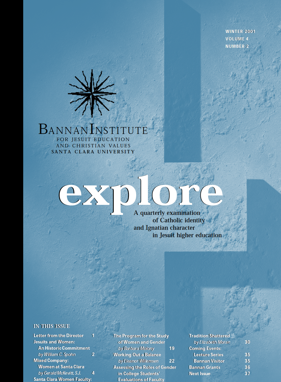 Explore Magazine cover, Winter 2001 issue, blue background.