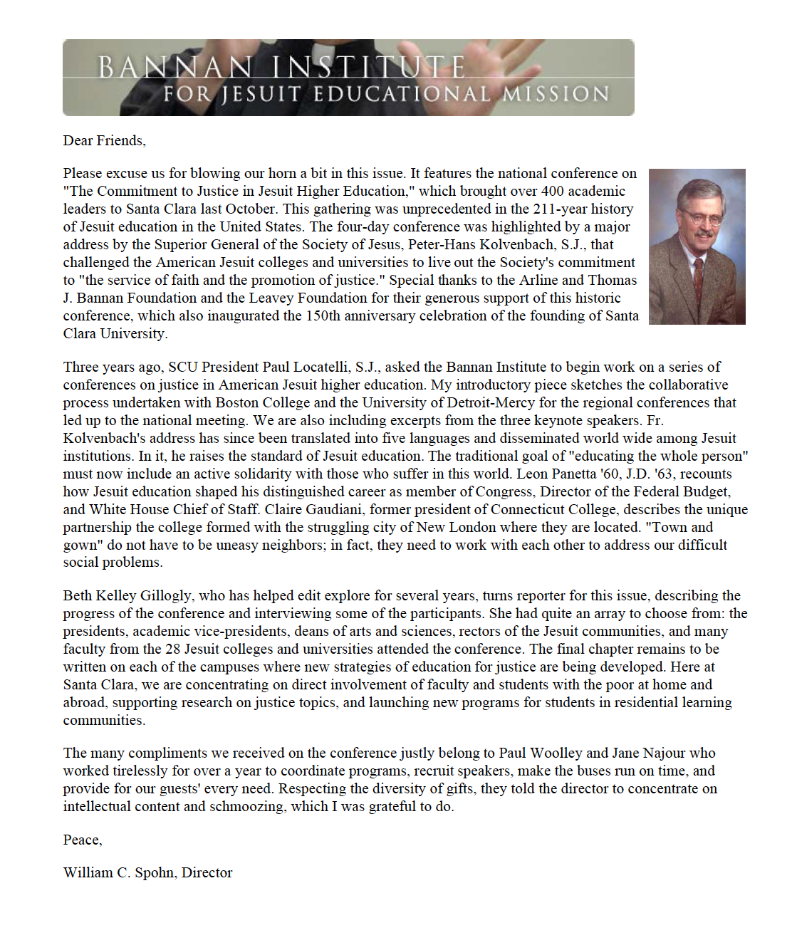 Newsletter screenshot titled 'Spring 2001' with text and a small picture of a man.