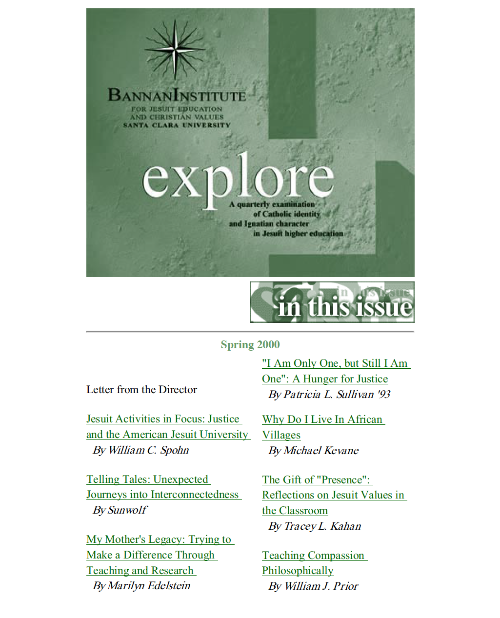 Spring 2000 magazine cover with list of articles and green geometric design.