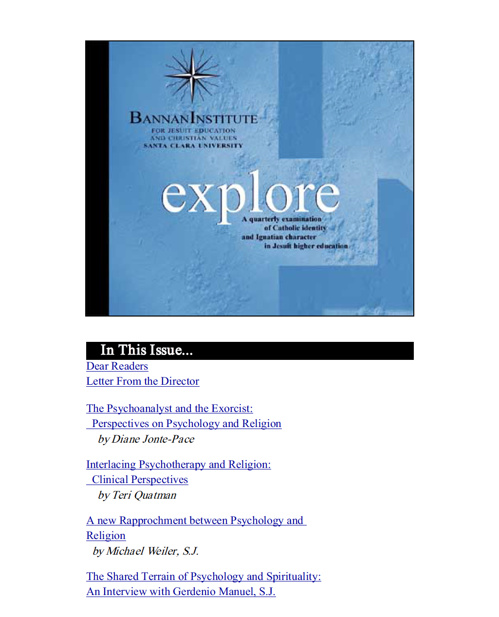 Explore Winter 1999 cover with bookmark and table of contents.