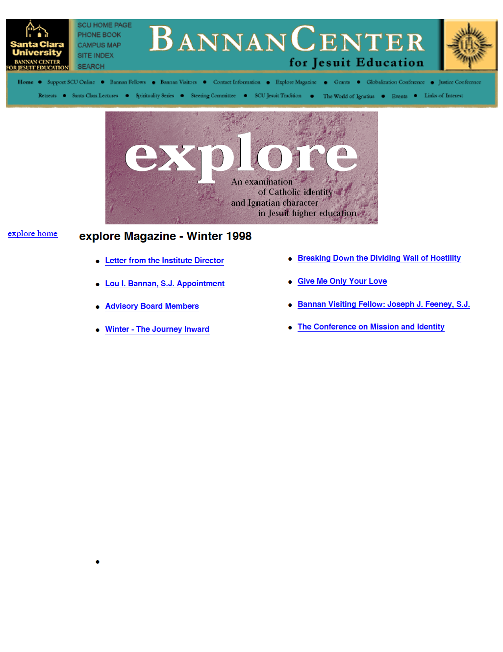 Screen of BannonCenter website, Winter 1998, showing an 'explore' hyperlink and menu links.