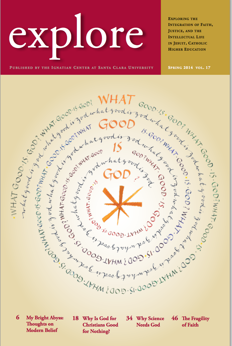 Cover of Explore magazine, Spring 2014 issue, with spiral text and a central illustration.