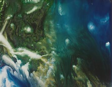 Abstract painting with green, blue, and white colors, titled Stewart-freygood1. image link to story