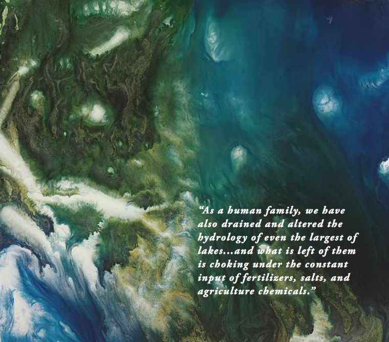 Satellite image of Earth's surface with superimposed text on climate impacts.