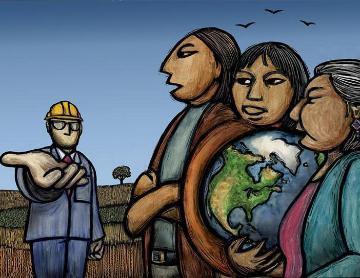 Illustration of four people with the text The Earth is Not For Sale. image link to story