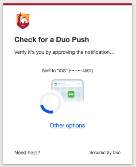 A screen shot showing the current prompt presented by Duo for two-factor authentication