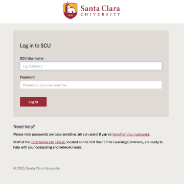 A screen shot showing the new look for the SCU Single sign-on page