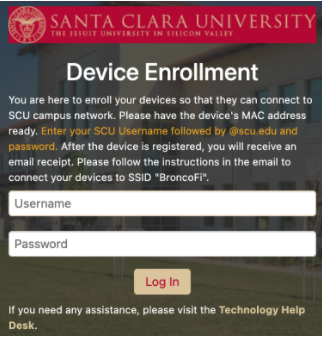 Santa Clara University Device Enrollment login screen for BroncoFi.