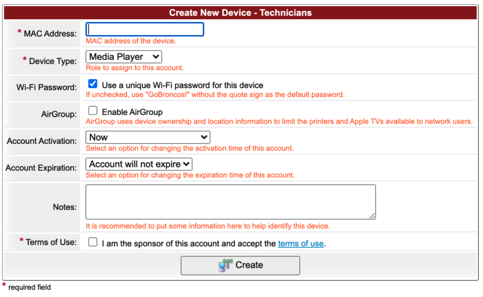 BroncoFi device registration form for IT Admins with various fields and sections filled out.”