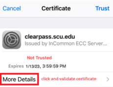 Screenshot of a certificate information screen for clearpass.xu.edu with More Details button.