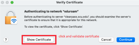 Eduroam security certificate error message on macOS with Cancel and Continue options shown.