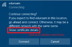 Eduroam certificate prompt with 'Do you want to continue connecting?' highlighted in red.