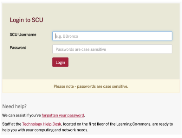 SCU Sign-on login screen with fields for ID Number and Password.