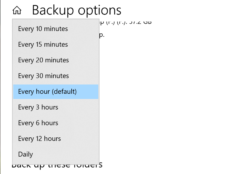 An image of the Backup Options page in Windows 10 showing the options for how often backups will occur with Every hour (default) highlighted.