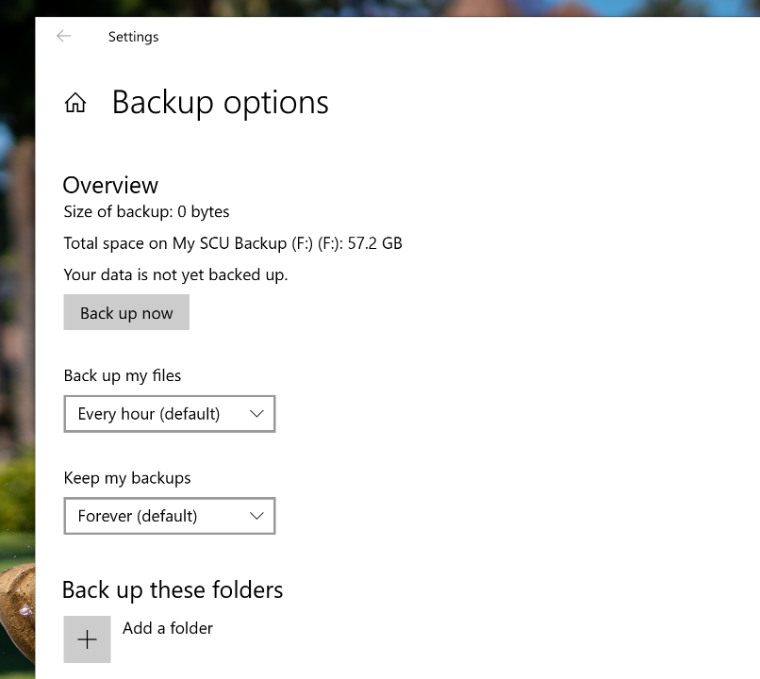 An image of the Windows 10 Backup Options page with a red arrow pointing to the Back up now button.