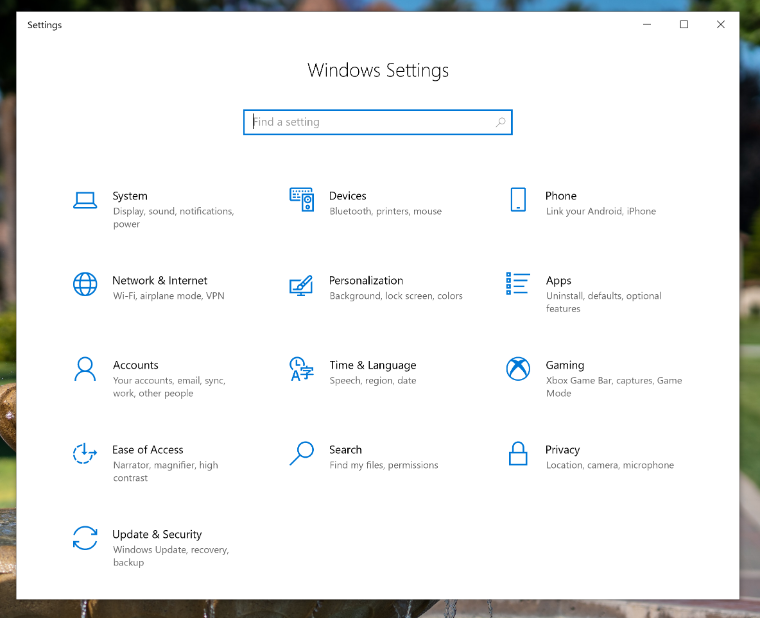 An image of the Windows 10 Windows Settings page.