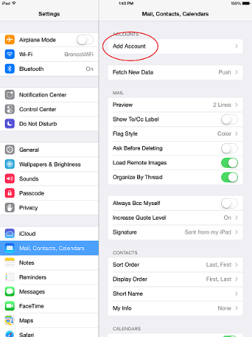 Screenshot of iPad settings menu with Add Account option highlighted.