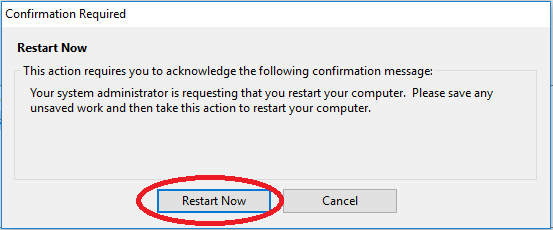 A BigFix popup box which asks to confirm you wish to restart your computer now with the Restart Now button circled in red.