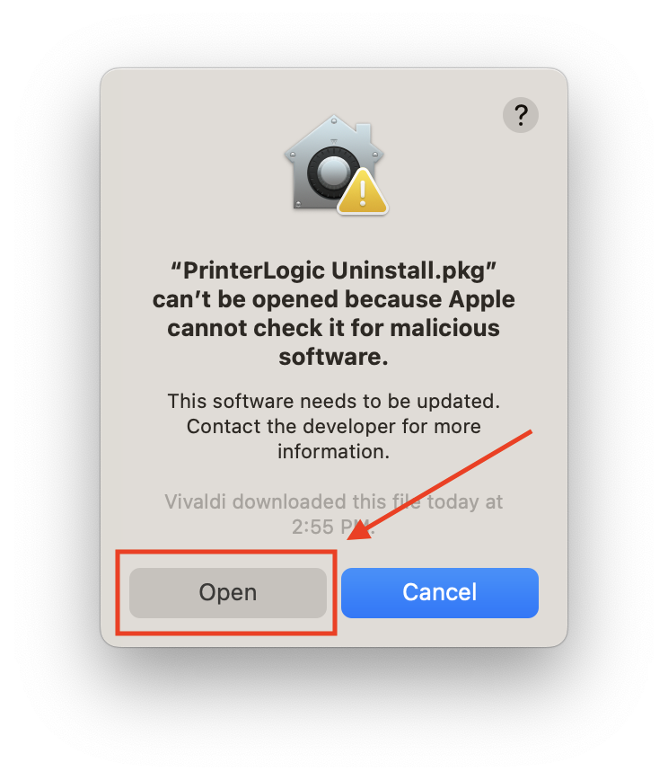 A macOS prompt for PrinterLogic Uninstall.pkg can't be opened because Apple cannot check it for malicious software with two options.  The Open option is highlighted with an arrow pointing to Open.