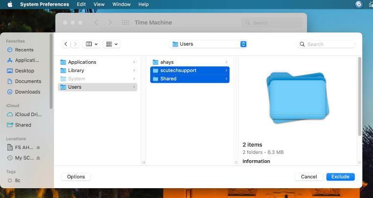 An image of the macOS folder selection screen with the Users folders scutechsupport and Shared highlighted.