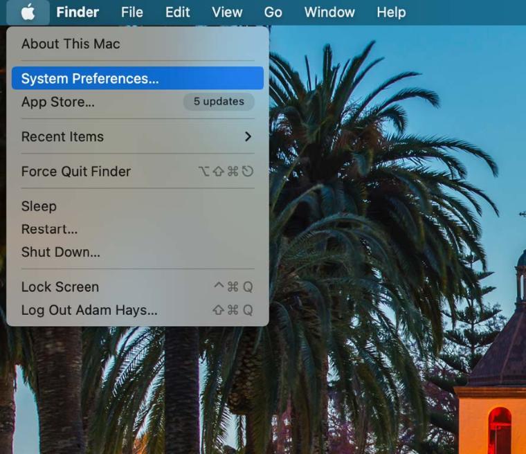 An image of the macOS Apple menu with System Preferences... highlighted.