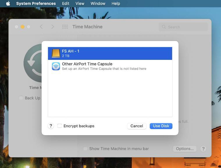 An image of the Select Backup Disk options for macOS Time Machine with the external drive FS AH - 1 highlighted.
