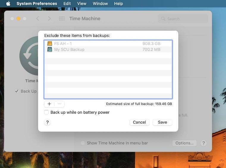 An image of the Time Machine panel in macOS System Preferences showing an exclude these items from backups list.