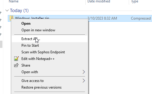 An image of the right-click menu in Windows when right-clicking a file, showing Extract All... highlighted.
