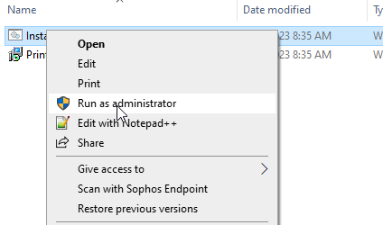 An image of the Windows right-click menu when you right-click on a file, with Run as administrator highlighted.