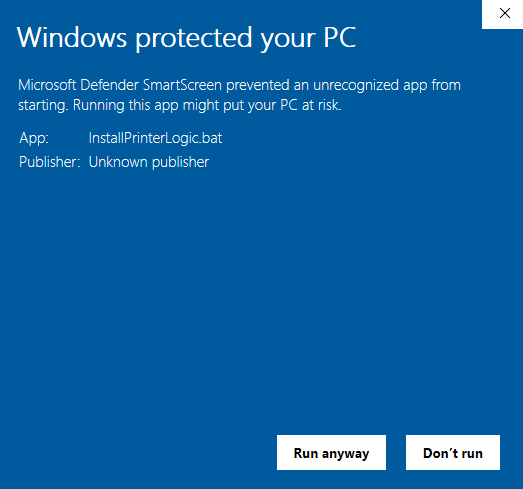 An image of the Windows popup Windows protected your PC with the available buttons Run anyway and Don't run.