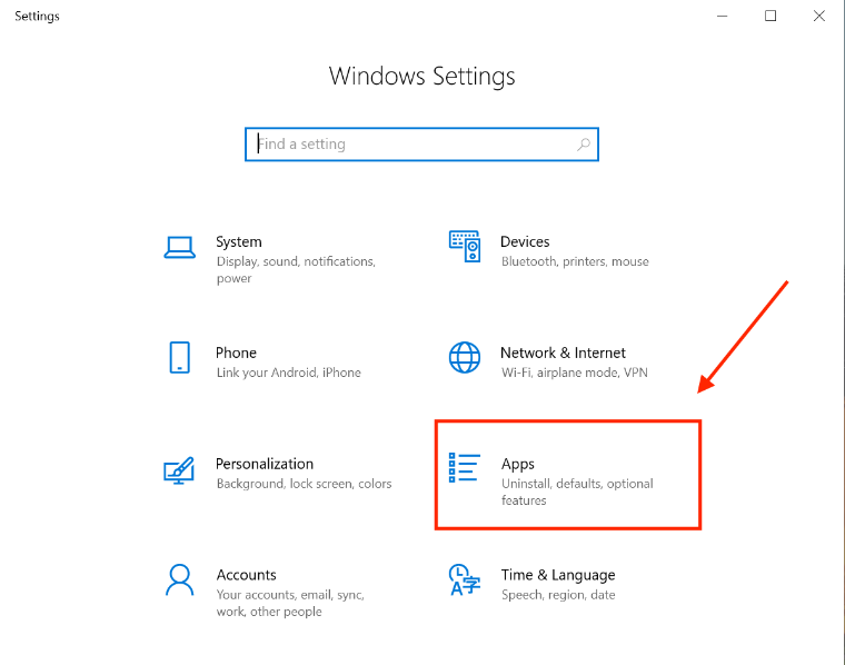 An image of the Windows Settings window, showing the Apps item highlighted with a red box.