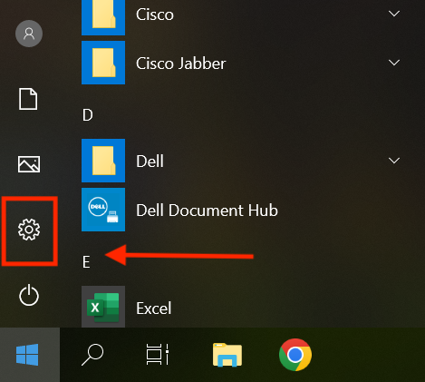 An image of the Windows Start menu open with the gear icon highlighted with a red box.