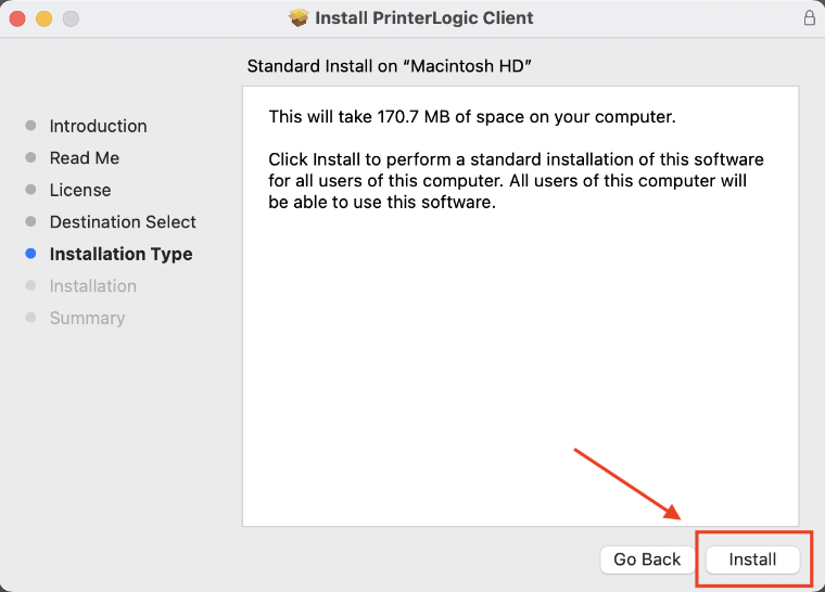 The confirmation page for the PrinterLogic installer with the Install button highlighted in a red box.