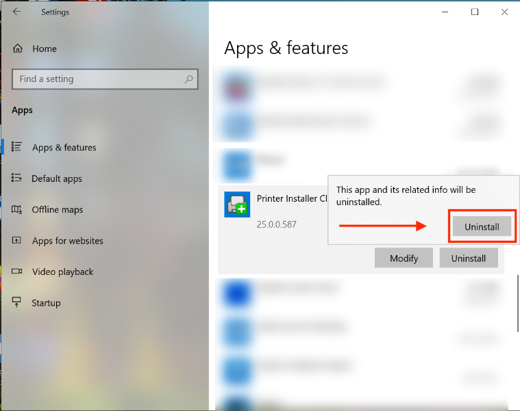 An image of the Apps & Features window showing the Printer Installer Client application selected, with the Uninstall button highlighted with a red box and red arrow pointing to the box.